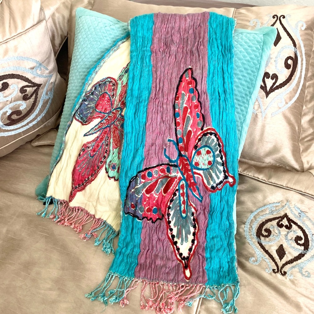 NWT Tolani Teal Blue Embroidered Butterfly Scarf